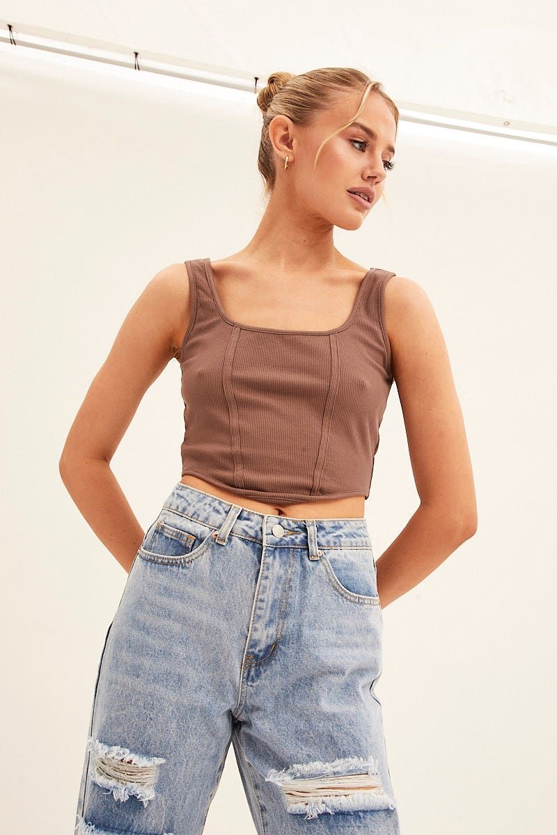 Brown Corset Crop Rib Curve Hem Tank sold by Ally Fashion