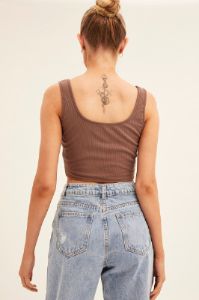 Brown Corset Crop Rib Curve Hem Tank sold by Ally Fashion