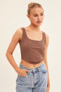 Brown Corset Crop Rib Curve Hem Tank sold by Ally Fashion
