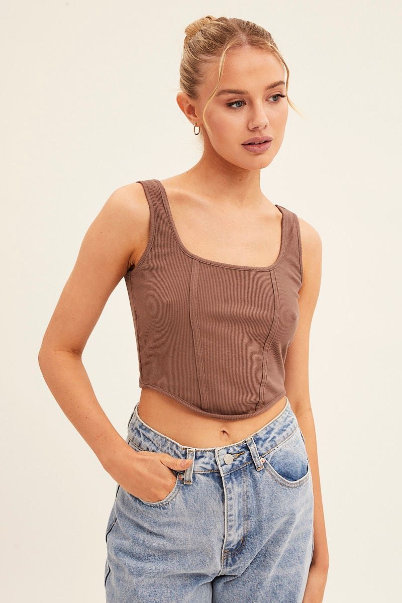 Brown Corset Crop Rib Curve Hem Tank sold by Ally Fashion product image thumbnail 3