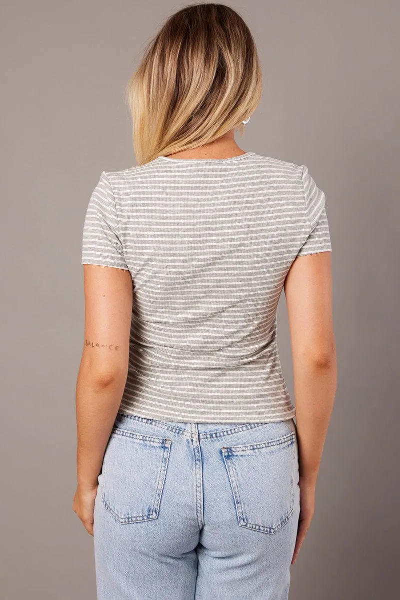 Grey Stripe Longline T Shirt Short Sleeve Crew Neck Rib Jersey sold by Ally Fashion product image thumbnail 5