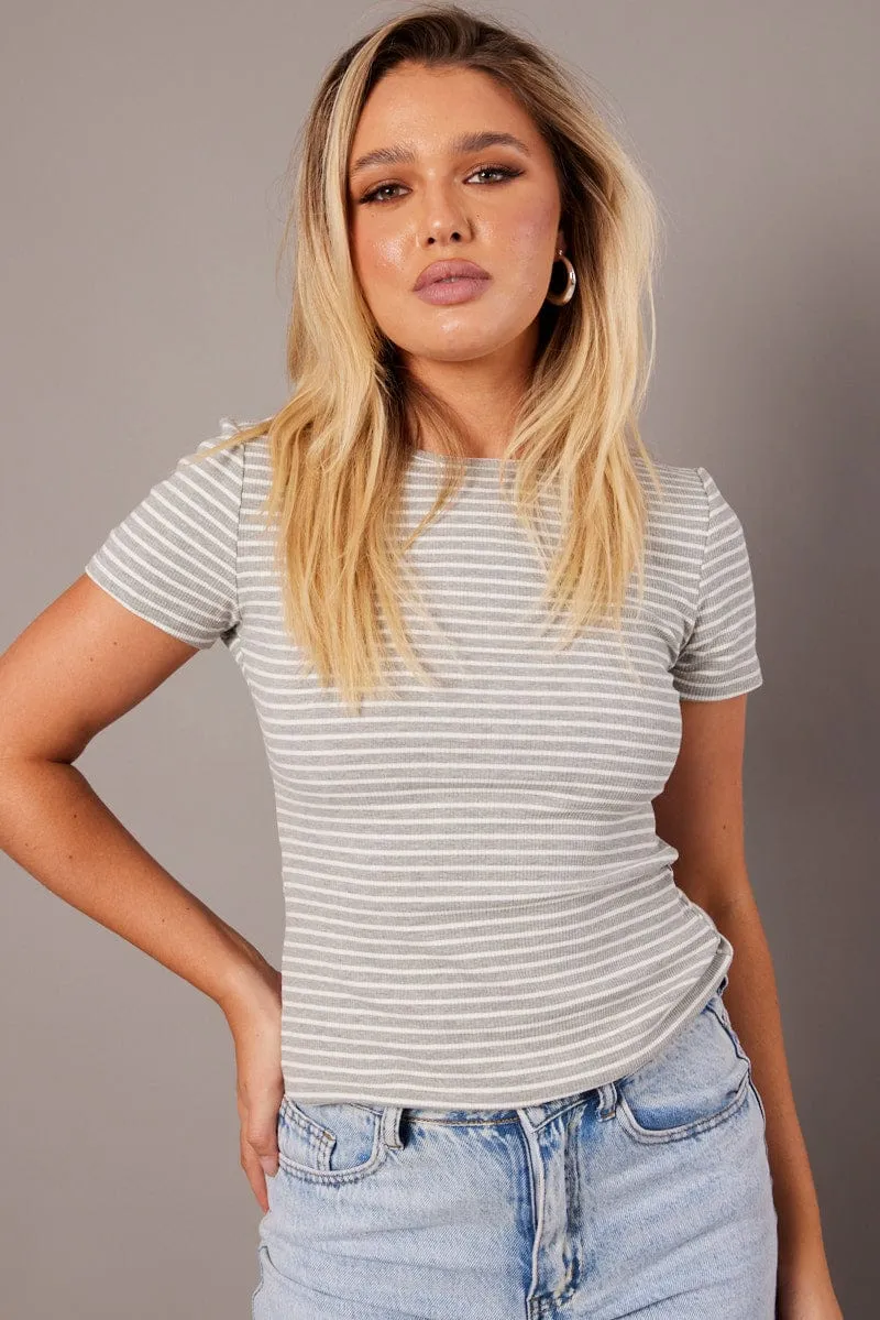 Grey Stripe Longline T Shirt Short Sleeve Crew Neck Rib Jersey sold by Ally Fashion product image thumbnail 3