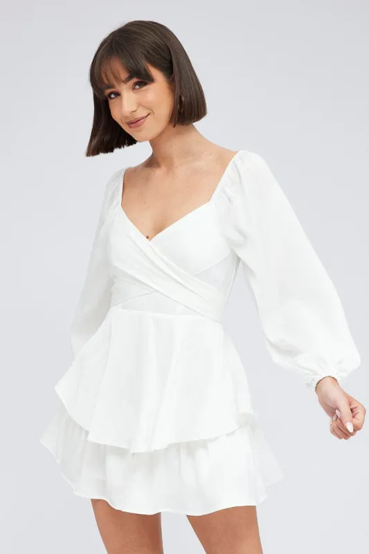 White Playsuit Long Sleeve V-Neck Waist Tie Matte Satin sold by Ally Fashion