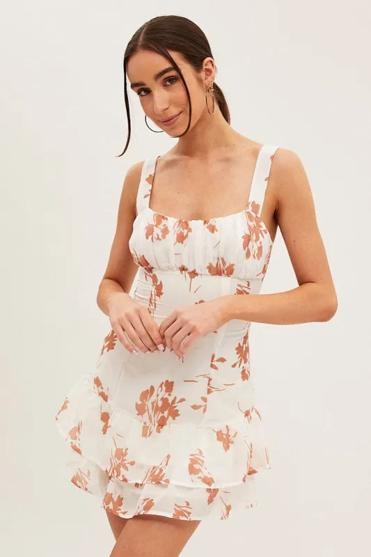 White Floral Fit And Flare Dress Sleeveless Square Neck sold by Ally Fashion