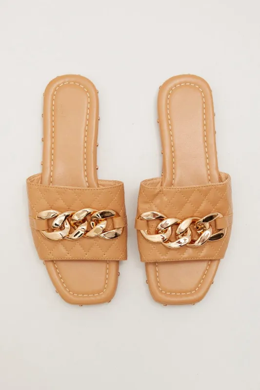 Beige Chain Decor Quilted Slides Slippers sold by Ally Fashion