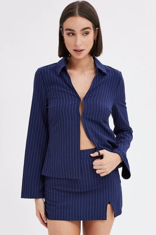 Blue Stripe Mini Skirt High Rise Pencil Side Slit sold by Ally Fashion
