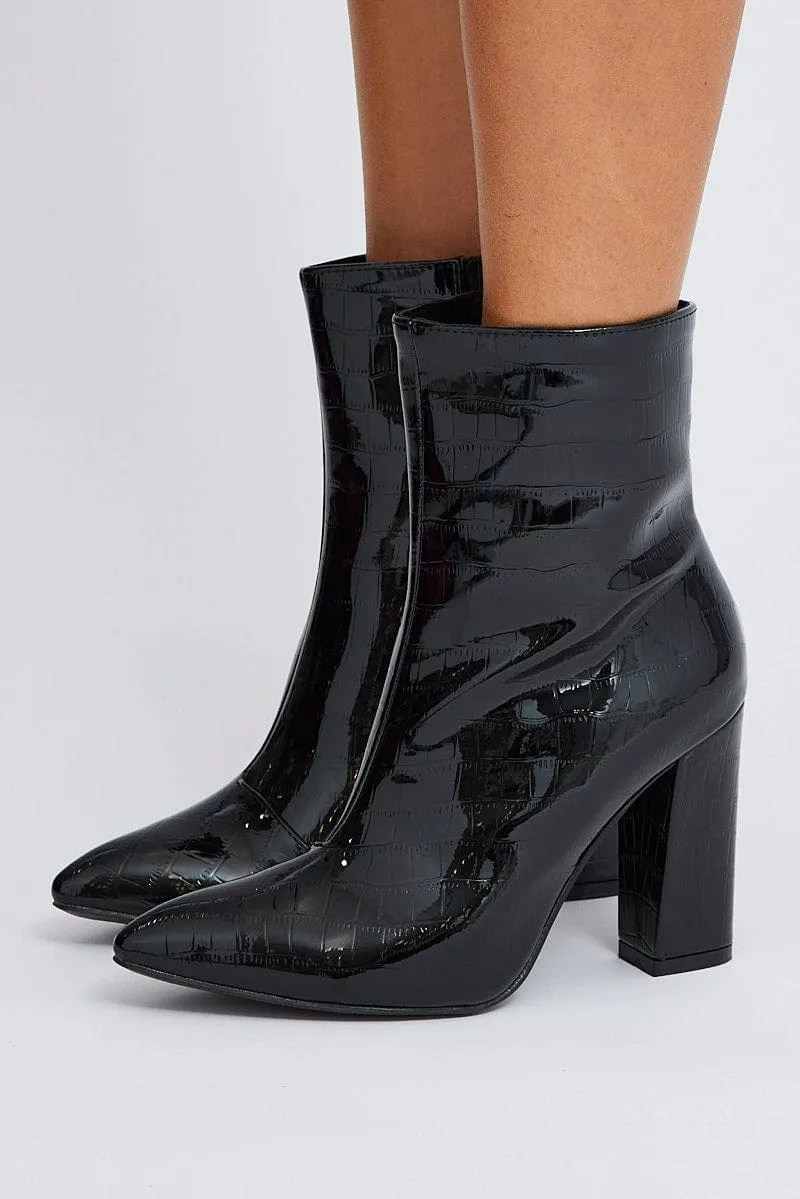 Black Ankle Boots in Faux Croc sold by Ally Fashion