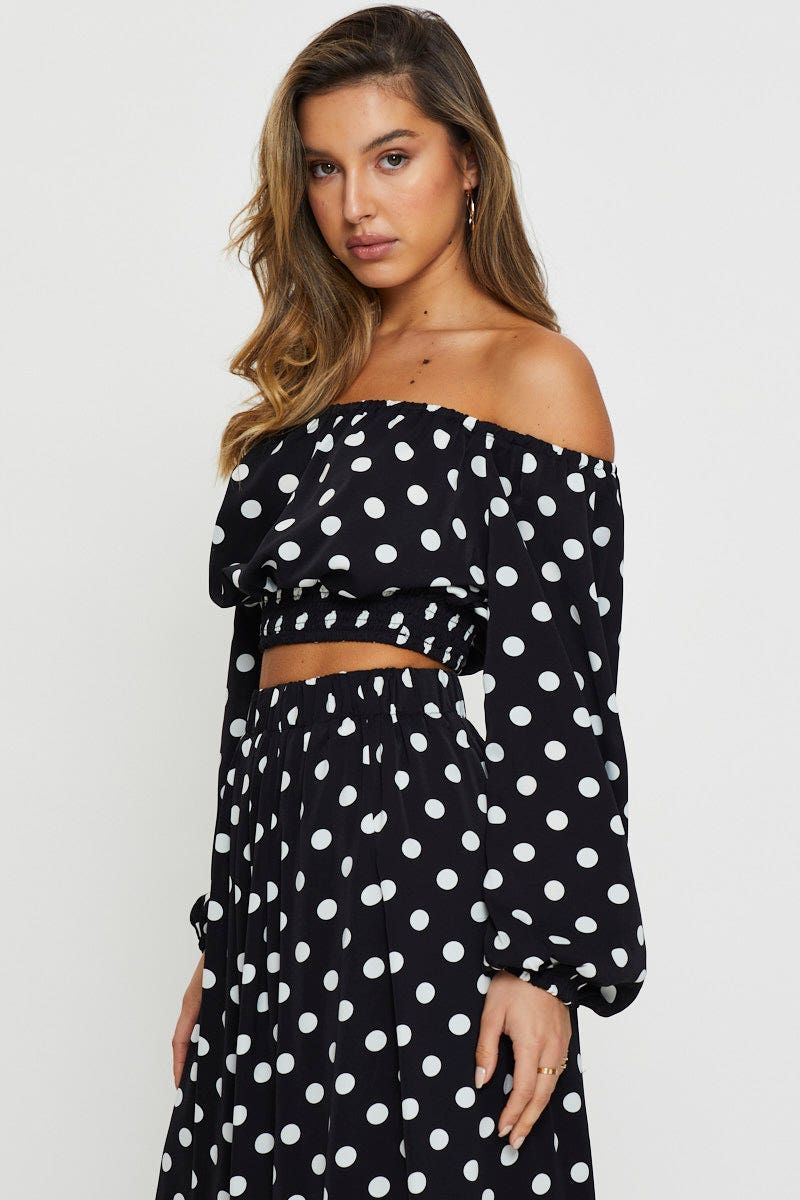 Polka Dot Crop Top Long Sleeve Off Shoulder sold by Ally Fashion product image thumbnail 3