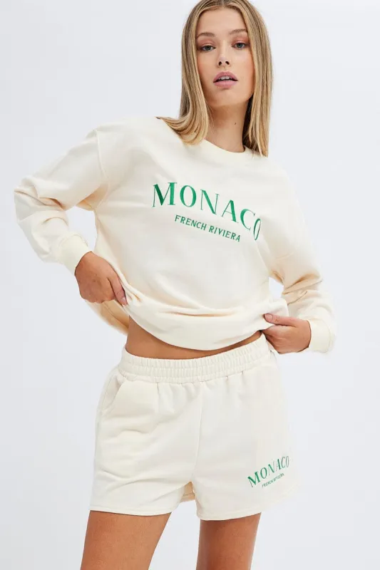 Cream Sweater Varsity Embroidered Monaco Slogan made by Ally Fashion