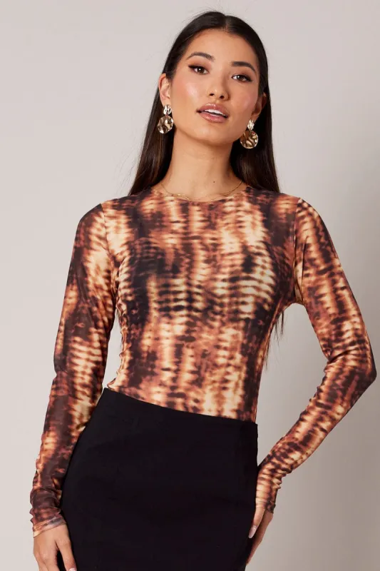 Brown Abstract Mesh Bodysuit Long Sleeve sold by Ally Fashion