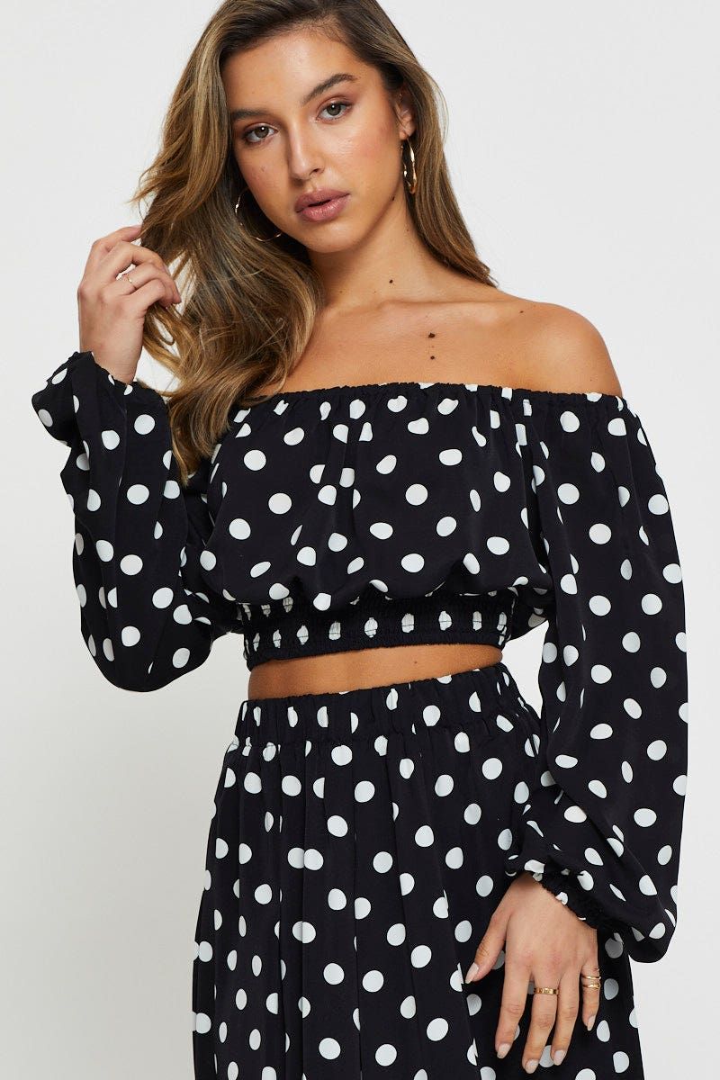 Polka Dot Crop Top Long Sleeve Off Shoulder sold by Ally Fashion product image thumbnail 5