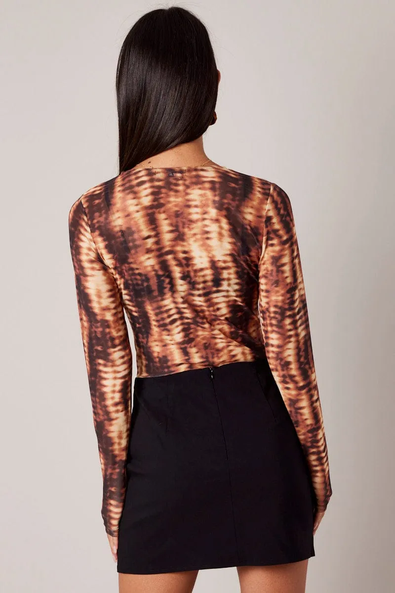 Brown Abstract Mesh Bodysuit Long Sleeve sold by Ally Fashion product image thumbnail 5