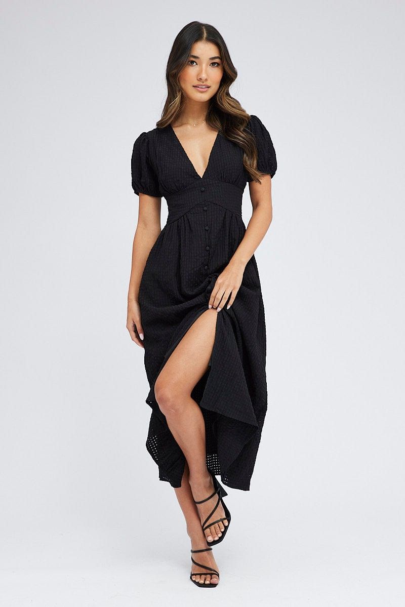 Black Midi Dress Puff Sleeve sold by Ally Fashion