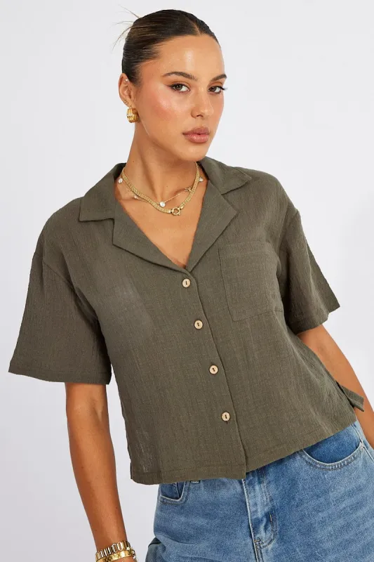 Green Crop Shirt Short Sleeve sold by Ally Fashion