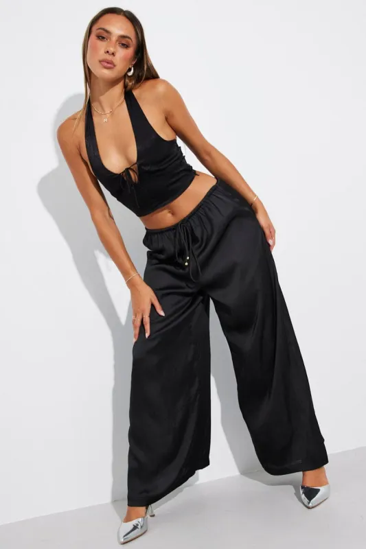 Black Wide Leg Pants High Rise Satin sold by Ally Fashion