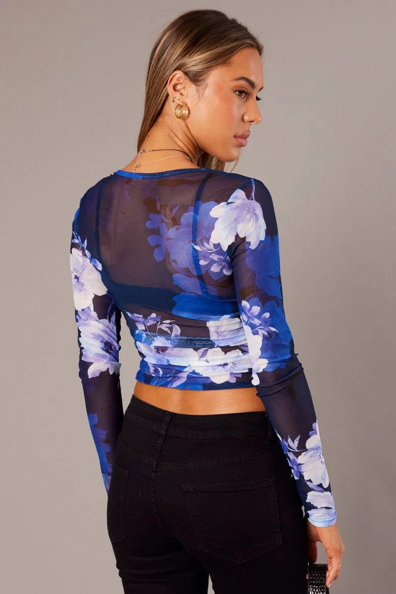 Blue Floral Mesh Top Long Sleeve Side Rushed sold by Ally Fashion product image thumbnail 5