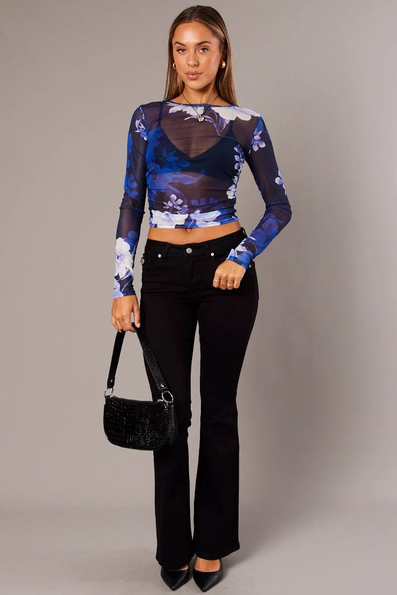 Blue Floral Mesh Top Long Sleeve Side Rushed sold by Ally Fashion product image thumbnail 2