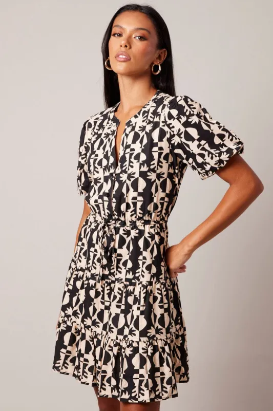 Black Abstract Fit And Flare Dress Puff Sleeve Mini sold by Ally Fashion