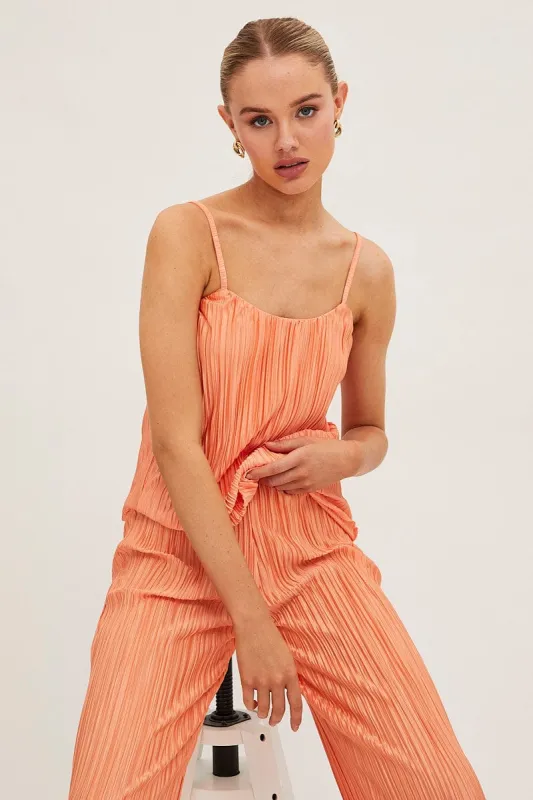 Orange Plisse Cami Sleeveless Scoop Neck sold by Ally Fashion