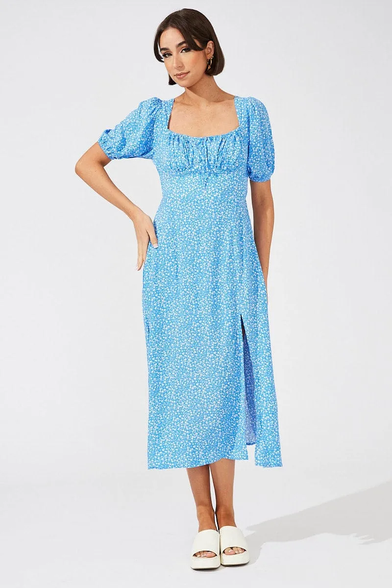 Blue Floral Midi Dress Puff Sleeve Midi sold by Ally Fashion product image thumbnail 3