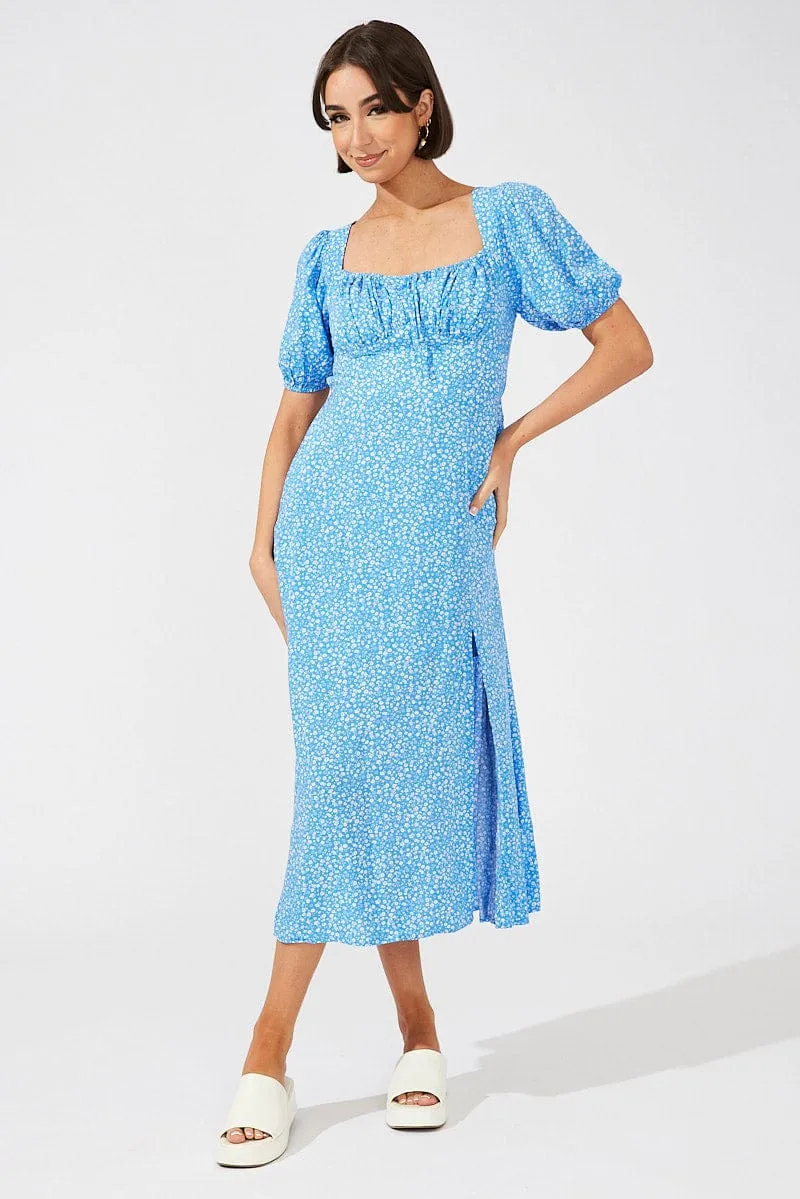 Blue Floral Midi Dress Puff Sleeve Midi sold by Ally Fashion