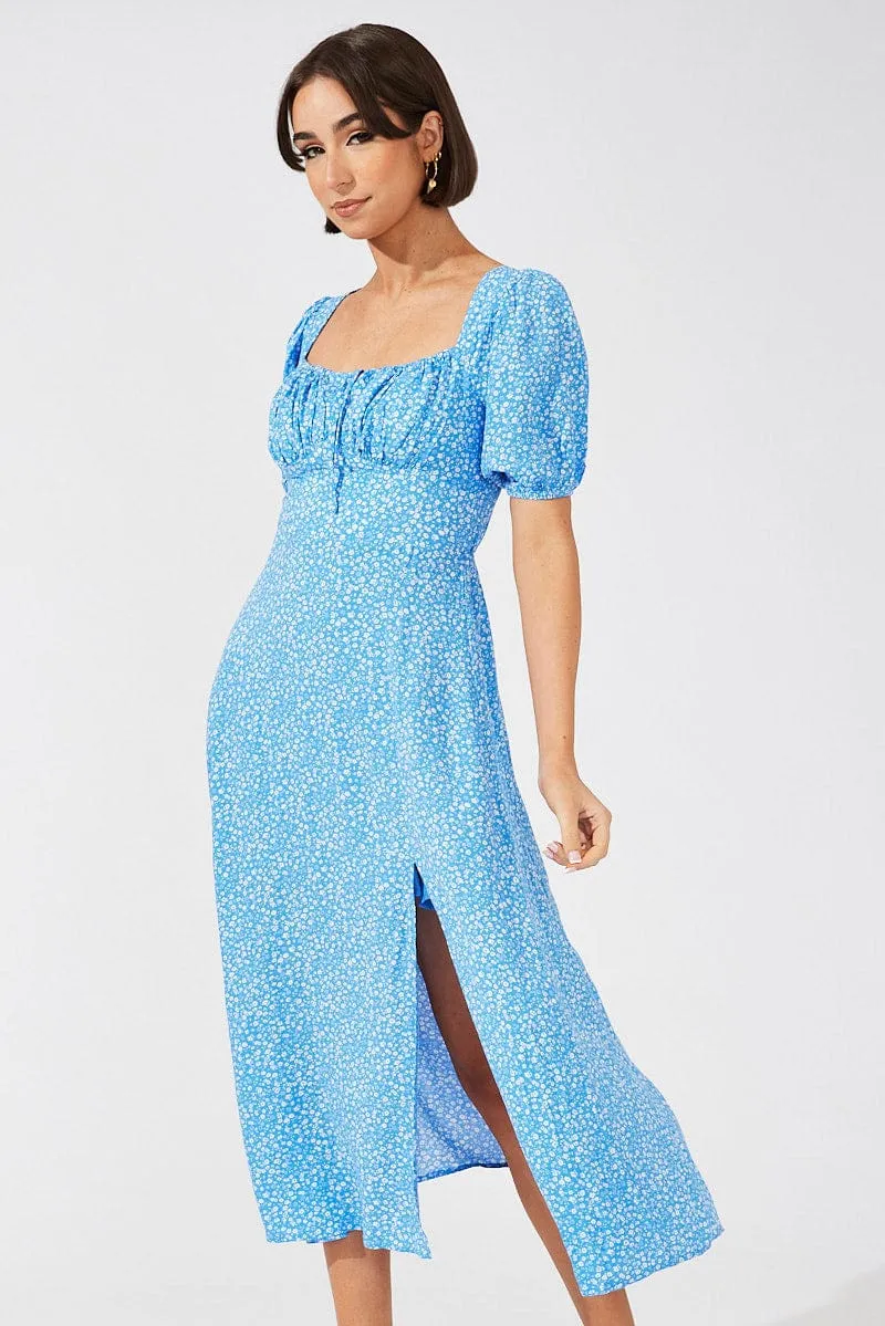 Blue Floral Midi Dress Puff Sleeve Midi sold by Ally Fashion product image thumbnail 2