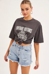 Grey T Shirt Short Sleeve Crew Neck Vintage Bike Cotton sold by Ally Fashion