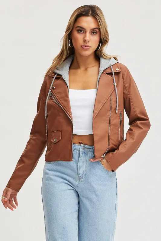 Beige Biker Jacket Long Sleeve Faux Leather sold by Ally Fashion