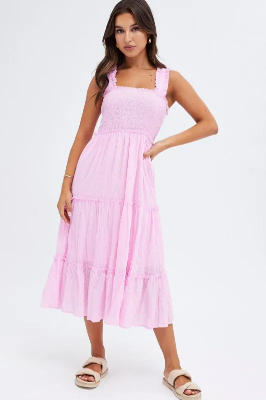 Pink Midi Dress Shirred Bust Tiered sold by Ally Fashion
