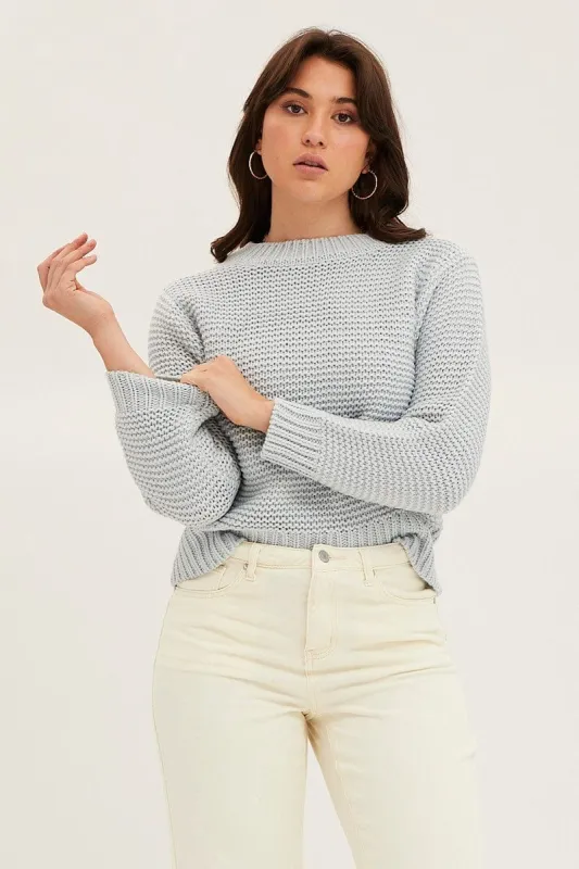 Blue Knit Top Long Sleeve Relaxed Round Neck sold by Ally Fashion