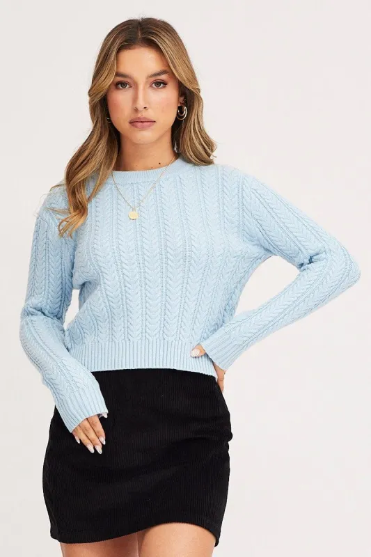 Blue Knit Top Long Sleeve Crop Cable sold by Ally Fashion