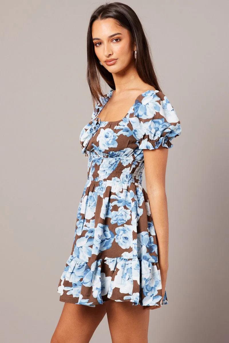 Multi Floral Fit And Flare Dress Puff Sleeve Mini Floral print sold by Ally Fashion product image thumbnail 4