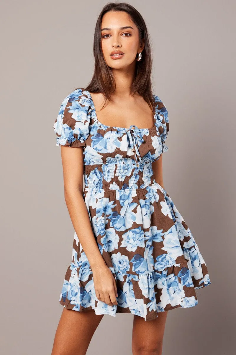 Multi Floral Fit And Flare Dress Puff Sleeve Mini Floral print sold by Ally Fashion