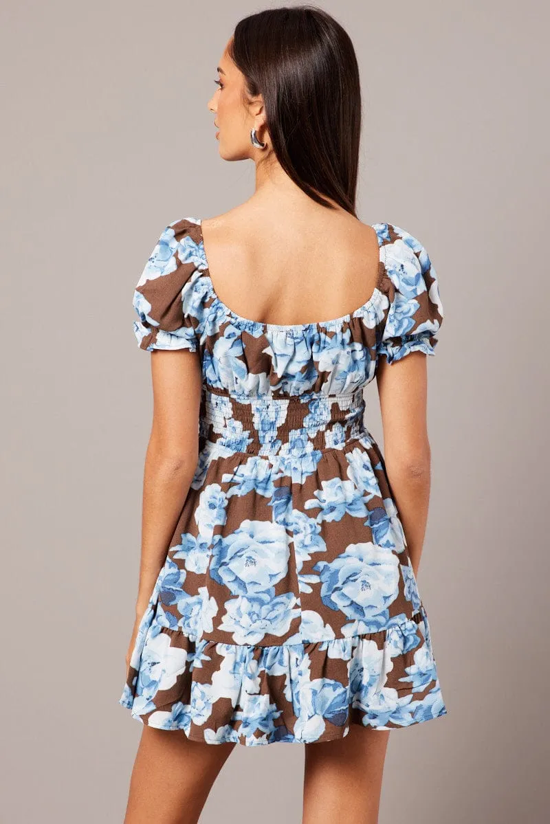Multi Floral Fit And Flare Dress Puff Sleeve Mini Floral print sold by Ally Fashion product image thumbnail 5