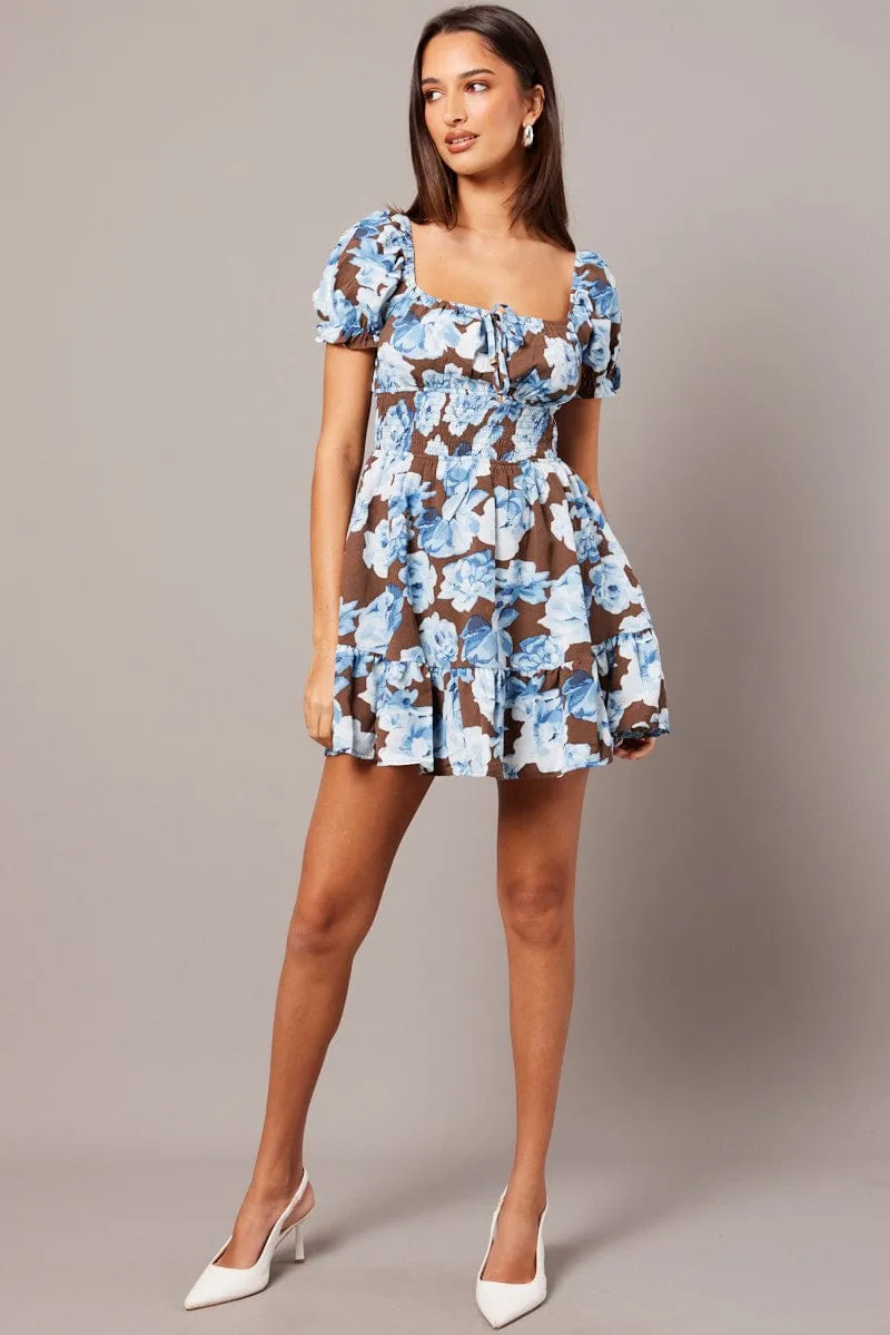Multi Floral Fit And Flare Dress Puff Sleeve Mini Floral print sold by Ally Fashion product image thumbnail 2