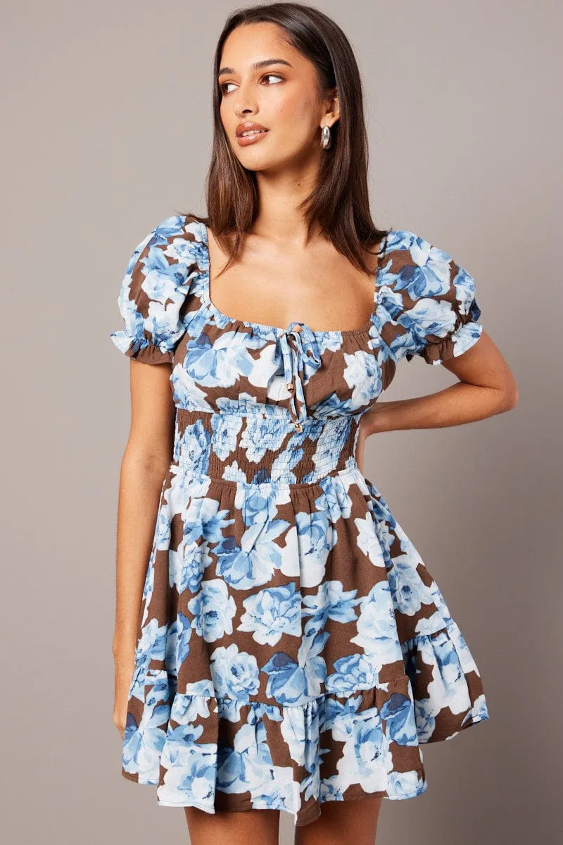 Multi Floral Fit And Flare Dress Puff Sleeve Mini Floral print sold by Ally Fashion product image thumbnail 3