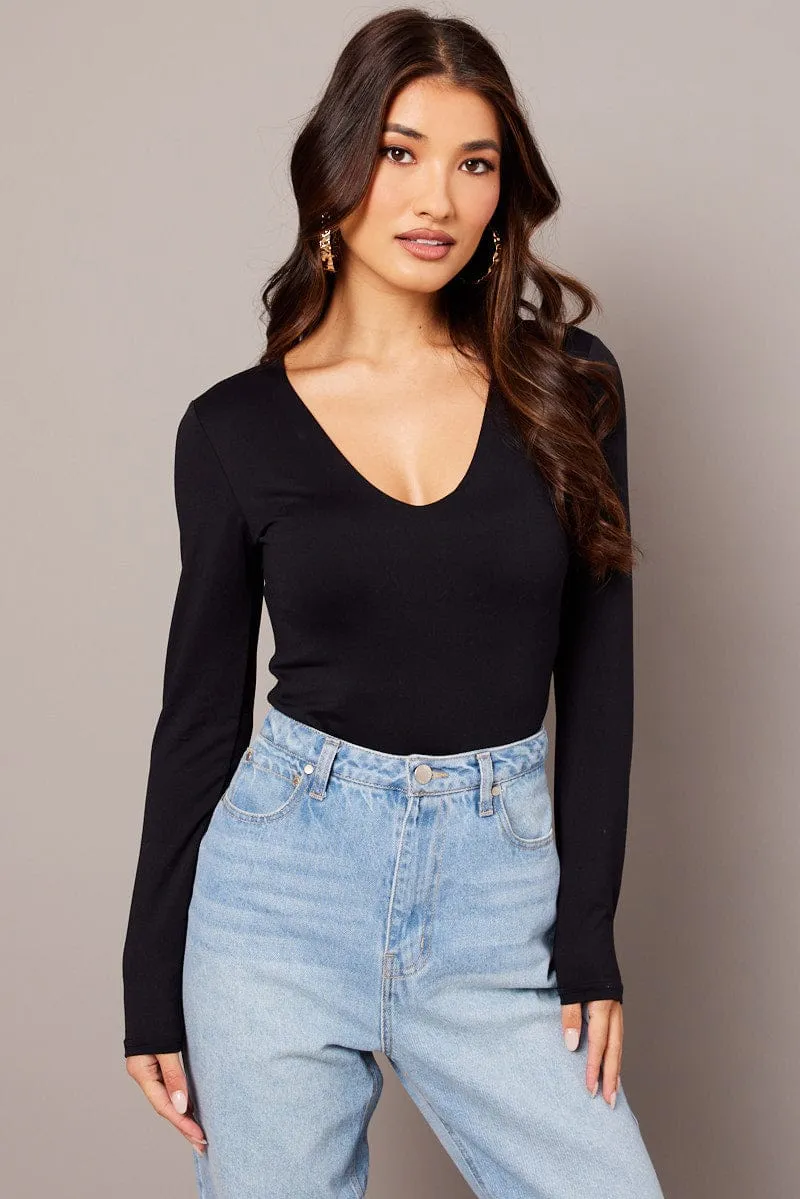 Black Supersoft Bodysuit Long Sleeve V Neck sold by Ally Fashion product image thumbnail 4