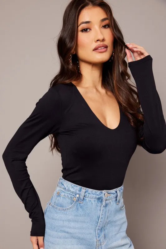 Black Supersoft Bodysuit Long Sleeve V Neck sold by Ally Fashion