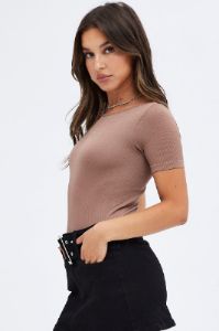 Brown Bodysuit Short sleeve Crew neck Seamless sold by Ally Fashion