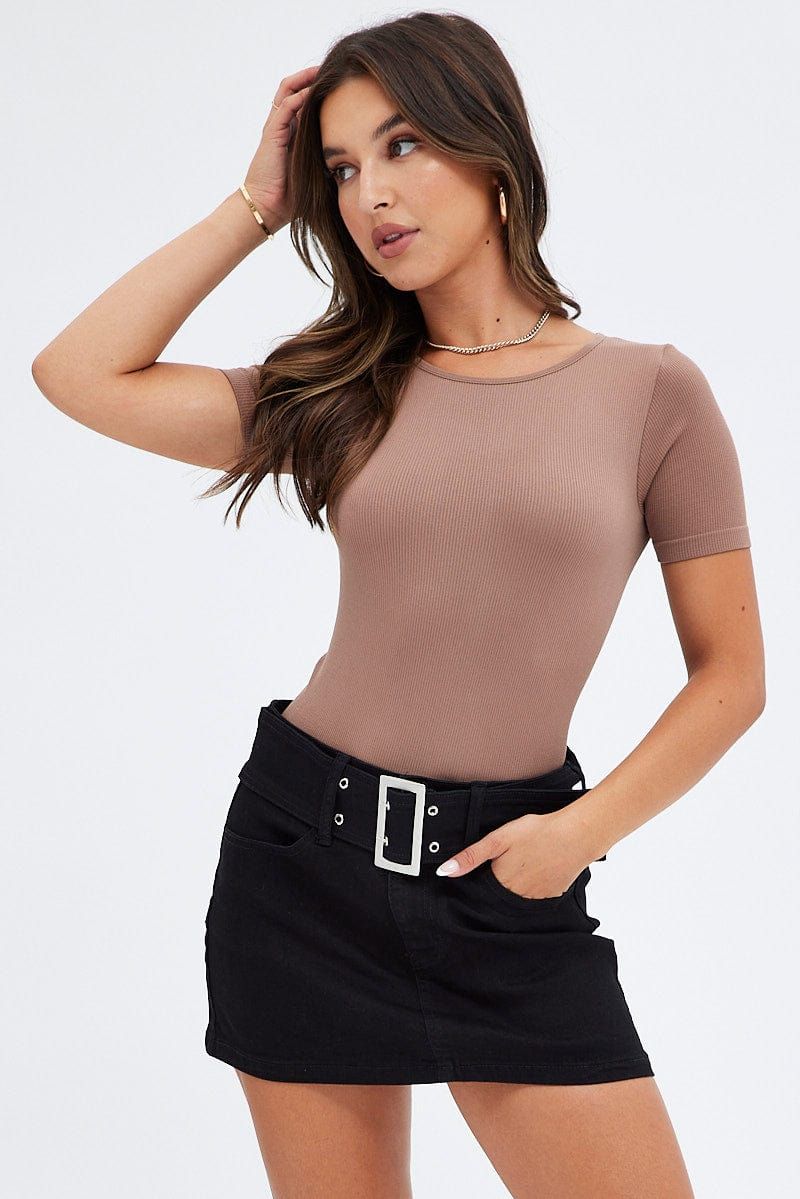 Brown Bodysuit Short sleeve Crew neck Seamless sold by Ally Fashion