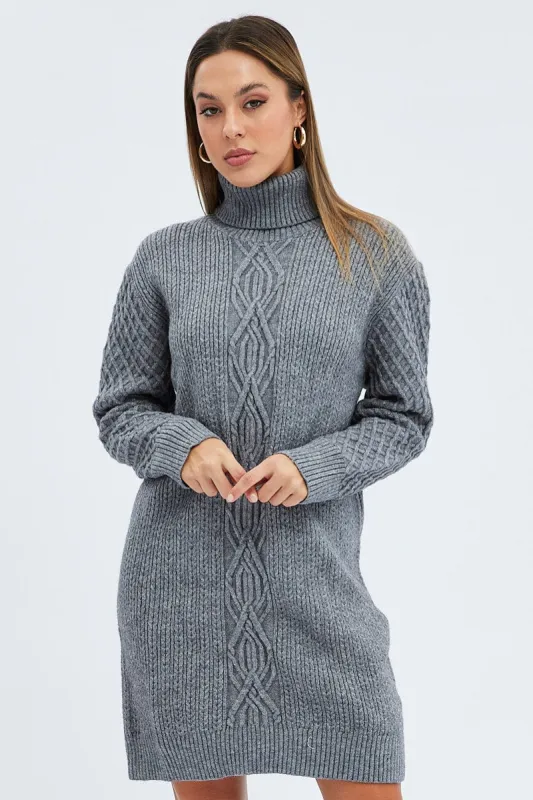 Grey Knit Dress Long Sleeve Turtleneck Cable sold by Ally Fashion