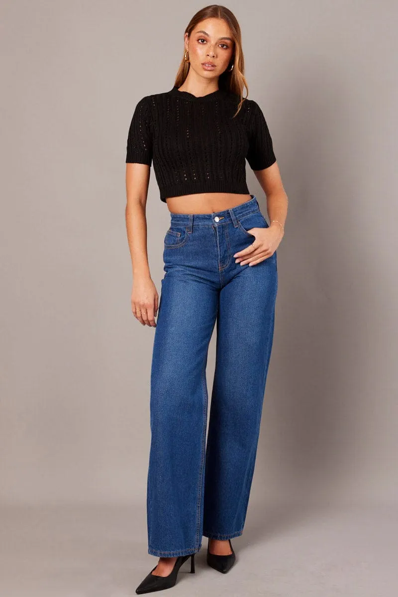 Black Knit Top Crew Neck Short Sleeves Cropped sold by Ally Fashion product image thumbnail 3