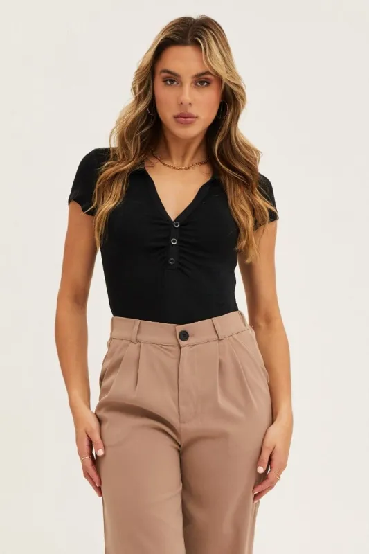 Black Short Sleeve Collared Button Front Bodysuit sold by Ally Fashion