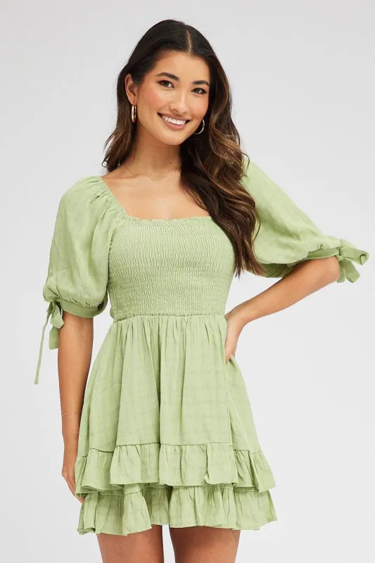 Green Fit And Flare Dress Puff Sleeve Mini sold by Ally Fashion