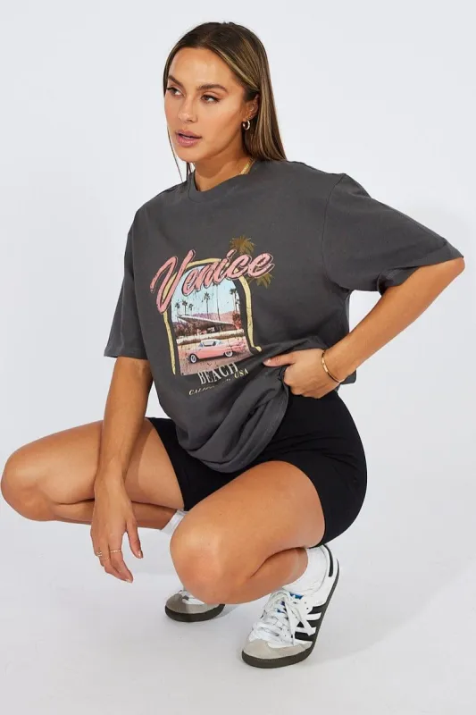 Black T Shirt Short Sleeve Crew Neck Venice Beach Cotton sold by Ally Fashion