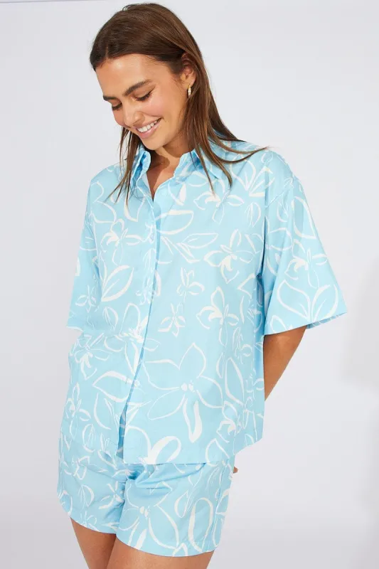 Blue Abstract Oversized Shirt and Pull on Shorts Set sold by Ally Fashion