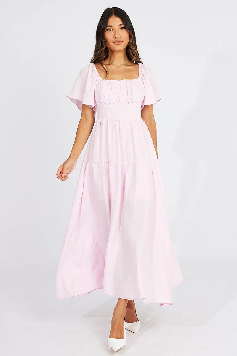 Pink Maxi Dress Square Neck Tiered sold by Ally Fashion