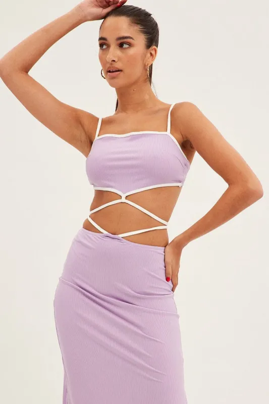 Purple Tie Top Sleeveless Crop Contrast Ribbed sold by Ally Fashion