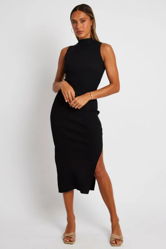 Black Knit Dress High Neck Midi sold by Ally Fashion