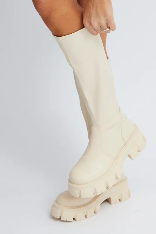 White Chunky Knee High Boots sold by Ally Fashion